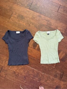 Univeral Threads Ribbed Square-Neck Top - Navy and Sage (Set of 2)